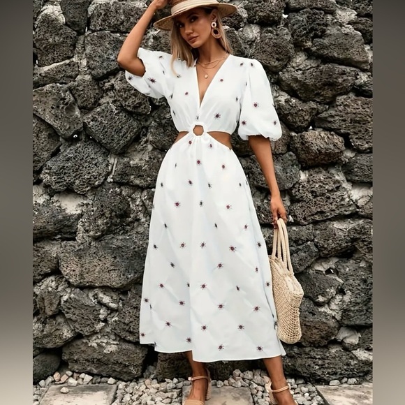 None Dresses & Skirts - Vibrant White Floral Puff Sleeve Dress - Chic V-Neck & Trendy Cut-Outs Sz S NWT